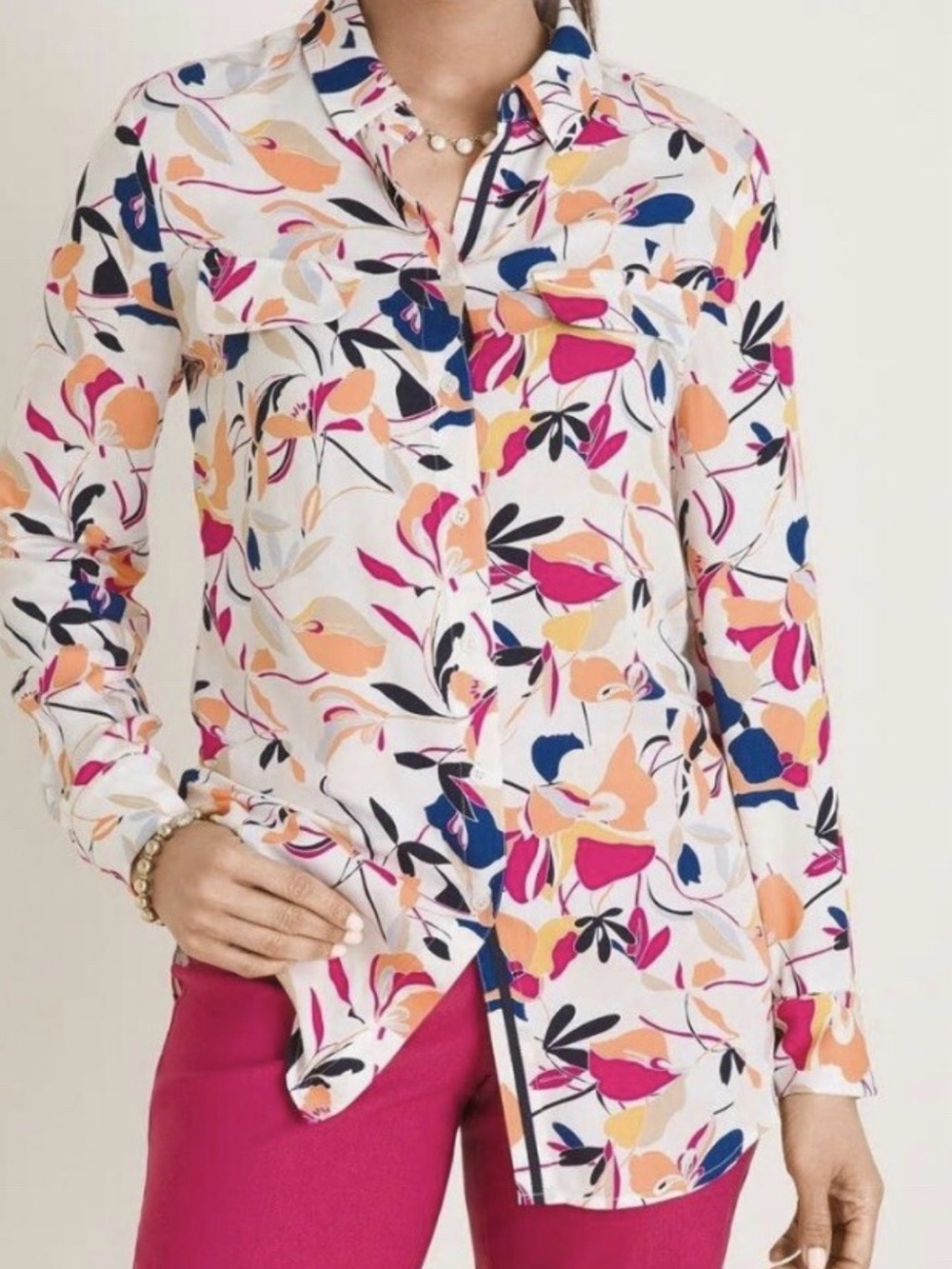 Chico's White Floral Button-Down Blouse with Pink, Peach & Navy size 4 XXL